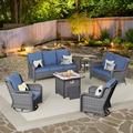 Vcatnet 6 Pieces Outdoor Patio Furniture Sectional Sofa All-weather Conversation Set with Swivel Rocking Chairs and Fire Pit Table for Garden Poolside Denim blue