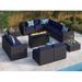 8 Pieces Patio Furniture Set with 45 Plate Embossing Propane Fire Table Outdoor PE Rattan Sectional Sofa Set Patio Gas Fire Pit Conversation Set with Blue Cushions & Glass Table