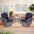 3 Pieces Outdoor Woven Cane Swivel Rocker Patio Set 360 Degree Rocking Patio Conversation Set with Thickened Cushions and Glass Coffee Table for Backyard Navy Blue