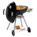 28-Inch Portable Charcoal Grill Barbecue Kettle Grill with Wheels and Storage Holder Porcelain-Enameled Lid and Ash Catcher & Thermometer for Backyard Camping Boat