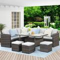durable Lane Outdoor Patio Furniture Set 7 Piece Outdoor Dining Sectional Sofa with Dining Table and Chair All Weather Wicker Conversation Set with Ottoman Grey