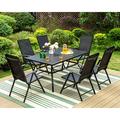 durable VILLA 7 PCs Outdoor Patio Dining Set 6 Adjustable Folding Reclining Sling Chair with Armrest & 1 Rectangle Patio Dining Table with 1.57 Umbrella Hole (Black)