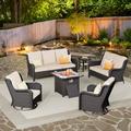 Vcatnet 6 Pieces Outdoor Patio Furniture Sectional Sofa All-weather Conversation Set with Swivel Rocking Chairs and Fire Pit Table for Garden Poolside Beige