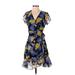 Banana Republic Casual Dress - Wrap V-Neck Short sleeves: Blue Floral Dresses - Women's Size 4