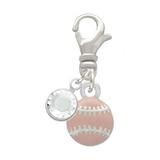 Delight Jewelry Silvertone Mini Pink Softball or Baseball - Silvertone Clip on Charm with Clear Crystal Drop