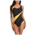 Ovticza Women s Athletic One Piece Swimsuit Training Bathing Suits Lap Racerback Swimwear Sports Color Block Swimming Suits Yellow L