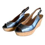 Coach Shoes | Coach Ferry Cork Wedges Womens 9.5 Metallic Gunmetal Peep Toe Logo Heels Pumps | Color: Gray/Silver | Size: 9.5