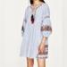 Zara Dresses | Medium Zara Trf, Boho Flower Embroidered Stripe Mid Sleeve Bohemian Tunic Dress | Color: Blue/White | Size: M