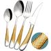 16 Piece Hammered Silver Gold Silverware Set, Modern Golden 18/10 Stainless Steel Flatware Set, Kitchen Utensil Set Service