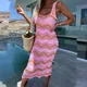 Women Fashion Wave Stripe Hollow Knitted Dress Sexy Square Neck Sleeveless Wrapped Club Dress Casual