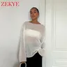 Zekye Casual Knit Pullovers Crewneck Summer Crewneck Corchet T Shirt For Women High Street Chic Long