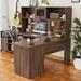 Ivy Bronx Kober 60" L Shaped Desk w/ Drawer & Hutch, Home Office Desk w/ Power Outlet & LED Light Wood in Brown | Wayfair