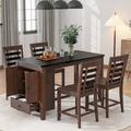 Red Barrel Studio® Counter Height 5-Piece Dining Table Set w/ Faux Marble Tabletop, Table Set w/ Storage Cabinet & Drawer, Dark Walnut | Wayfair