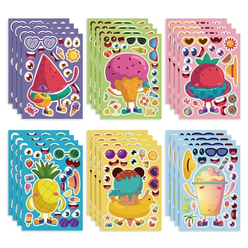 6/12 Blatt Sommer Farbe Make-a-Face Puzzle Aufkleber Kinder erstellen Sie Ihr eigenes Erdbeer