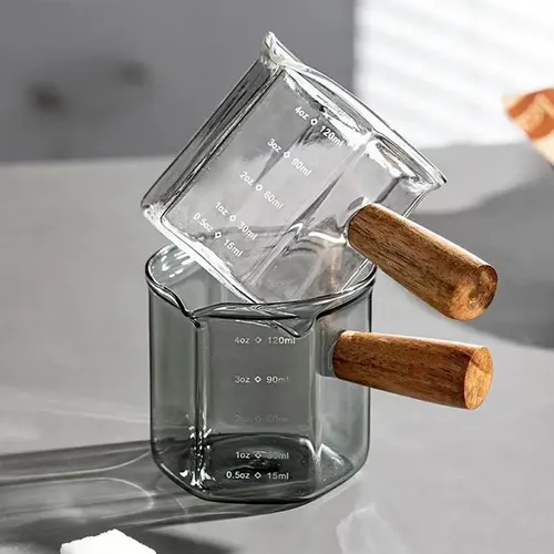 Espresso Messbecher klarer Wasserkocher Espresso Schnaps glas mit Holzgriff Messung schrägen Krug
