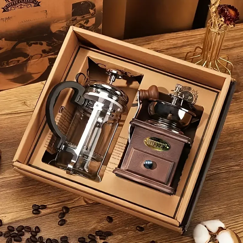 1 Satz hölzerne Vintage manuelle Bohnen mühle Press Topf Set Kaffee nach Hause Hand Kaffeebohnen mühle Geschenk box Set Boutique Küche Image