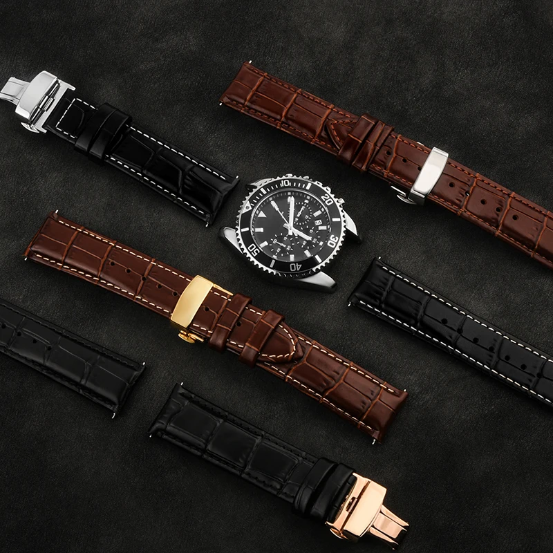 Glattes Echtleder-Uhrenarmband, 12, 13, 14, 15, 16, 17, 18, 19, 20, 21, 22, 23, 24 mm, mit solider Schmetterlingsschnalle, Business-Uhrenarmband Image