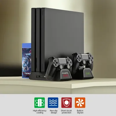 PS4-Ständer mit Lüfter für PS4/PS4 Slim/PS4 Pro, für Playstation 4-Kühlstation mit PS4-Controller-Ladegerät und 12-Spielen