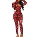 KelaJuan Women Christmas Red Jumpsuits Snowflake Plaid Print Bobbles Deep V-Neck Zipper-Up Long Sleeve Long Rompers One-Piece Clothes