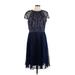 Tadashi Shoji Cocktail Dress - A-Line High Neck Short sleeves: Blue Print Dresses - New - Women's Size 14