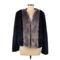 Do & Be Faux Fur Jacket: Below Hip Blue Print Jackets & Outerwear - Women's Size Medium
