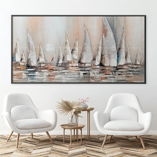 Handgefertigtes abstraktes großes Segelboot-Ölgemälde auf Leinwand, handgemaltes Acryl-Ozean-Meerblick-Gemälde mit Textur, nautische Kunstmalerei für die Wanddekoration im Wohnzimmer Image