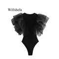 Willshela moda donna body arruffati neri Vintage o-collo senza maniche donna Chic Lady top attillati