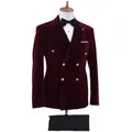 Costume sur Mesure pour Homme Blazer en Velours Bordeaux Noir Double Boutonnage Tenue de Mariage