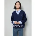 TOYOUTH Women Fake Two Piece Sweatshirt 2024 Spring New Contrasting Pathwork Striped Polo Collar