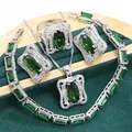 Geometric Green Emerald 925 Sterling Silver Jewelry set for Women Bracelet Hoop Earrings Necklace