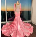 Pink African American Prom Dresses Mermaid Long Sleves Beaded Crystals Black Girls Nigeria Robe De