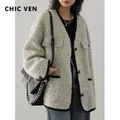 CHIC VEN Fashion Women's Wool Coat Single Breasted Vintage Jacket V-Neck Office Lady Overcoat Female