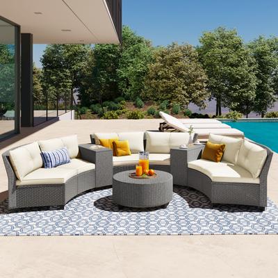 6 - Person Fan-shaped Rattan Suit Combination with Cushions & Table