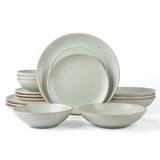 RINGAR Round Stoneware 16pc Double Bowl Dinnerware Set for 4, Dinner Plates, Side Plates, Cereal Bowls, Pasta Bowls