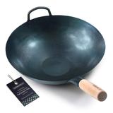 Pre Seasoned Blue Carbon Steel Flat Bottom Wok -14 Inch Chinese Pow Wok - Traditionally Hand Hammered Woks and Stir Fry Pans…