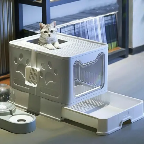 Katzenstreu-Katzen toilette mit Schaufel und Schublade faltbare Kapuze Kitty Haustier Toilette extra