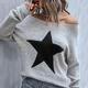 Star Pattern Stretchy Crew Neck Pullover Sweater, Casual Long Sleeve Sweater For Fall & Winter, Women's Clothing