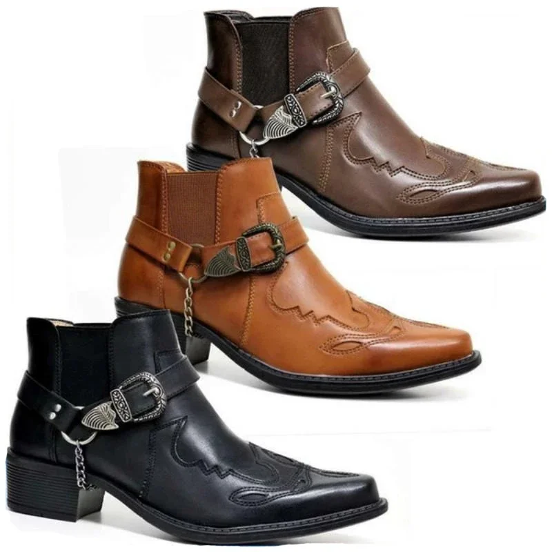 Mode 2025, Herren-Vintage-Cowboystiefel, Leder, hohe Kette, Schnallenriemen, Punk-Schuhe, spitze Zehen, Biker-Stiefeletten für Herren