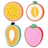 WOVTE Baby Bath Shower Sponge Set of 4 Fun Assorted Fruit Ultra Soft Bath Sponges for Baby Toddler Kids Bathing Orange/Strawberry/Mango/Peach