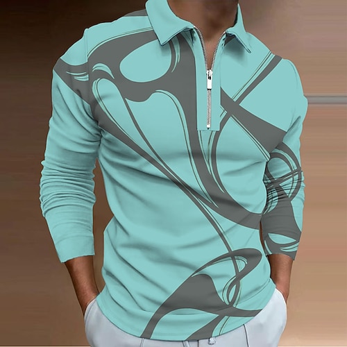 Herren Geometrisch Poloshirts mit Reißverschluss Golfshirt Langarm Polo-Shirts Hemden mit Kragen Lässig Urlaubskleidung Formelle Kleidung Festivalkleidung 3D-Druck Viertelreißverschluss-Poloshirt Image