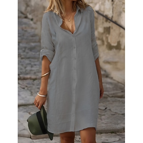 Damen Minikleid Baumwoll Mischung Hemdblusenkleid Weißes Baumwollkleid Figurbetontes Kleid Urlaub Basic Modern Täglich Wochenende Lässiger Schnitt Einfach Dreiviertelarm Hemdkragen Blau Schwarz Wei Image
