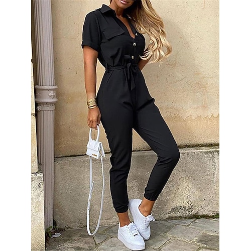 Damen Normal Jumpsuit Strassenmode Feste Farbe Kurzarm Hemdkragen Tasche Kordelzug Strasse Täglich Regular Fit Schwarz Weiß Wein Sommer Image