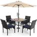 durable & William Outdoor 6 Pieces Dining Set with 4 Rattan Chairs 1 Wood-Like Metal Table and 1 10ft 3 Tier Auto-tilt Umbrella(No Base) Red Modern Patio Furniture for Poolside Por