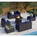 8 Pieces Patio Furniture Set with 45 Plate Embossing Propane Fire Table Outdoor PE Rattan Sectional Sofa Set Patio Gas Fire Pit Conversation Set with Blue Cushions & Glass Table