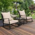 LLBIULife Patio PE Wicker Rocking Chair 3 Piece Outdoor Bistro Set Conversation Dark Brown Rattan with Glass Coffee Table Khaki Cushion