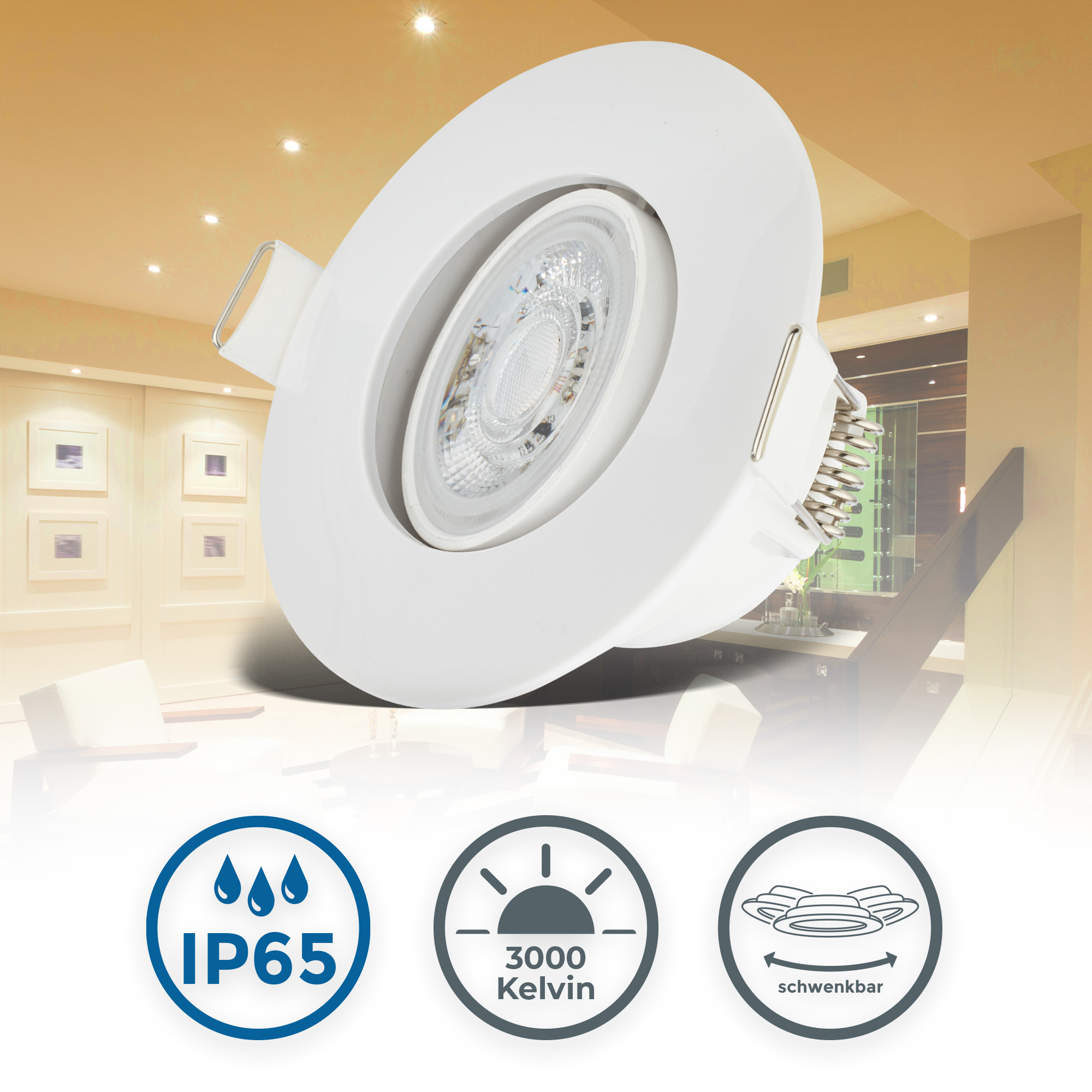 B.K.LICHT LED Einbauleuchte "6er Set Bad Einbaustrahler, IP65, Schwenkbare Deckenspots", weiß, 1, Ø 9cm H: 4,2cm, 6 Stk., Leuchten, 3.000K, 480Lm, 4,9W, Kunststoff, 9 x 4,2 cm, LED Einbaustrahler LED Deckeneinbaustrahler Image