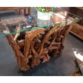 Teak Root Console Table Glass Topped 120cm Assembled