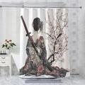 Japanese Samurai Shower Curtains 240 x 200 cm, Extra Long Shower Curtain 240 Drop, Cherry Blossom Bath Curtain with 12 Hooks, Waterproof Anti Mould Polyester Bathtub Curtain for Bathroom Wet Room