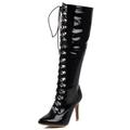 MJIASIAWA Women Pointed Toe Patent Knee High Biker Boots Zip Winter Party Stiletto Heels Fashion Military Buckle Riding Booty Black Size 9 UK/46 Asian