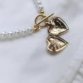 White Pearl Necklace With Gold Toggle Bar Clasp & Heart Shaped Locket Pendant